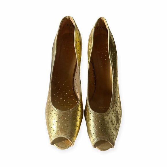 Vintage Christian Dior Souliers France  Gold Open Toe‎ Pumps, Size 6 1/2 B - Picture 5 of 15